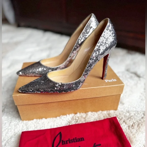 Christian louboutin sequin DECOLTISSIMO 100 SILVER PAILLETTES pointed toe heel - Picture 3 of 14